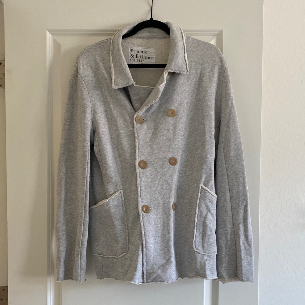 Frank & Eileen Heather Light Gray Double-Breasted Knit Blazer